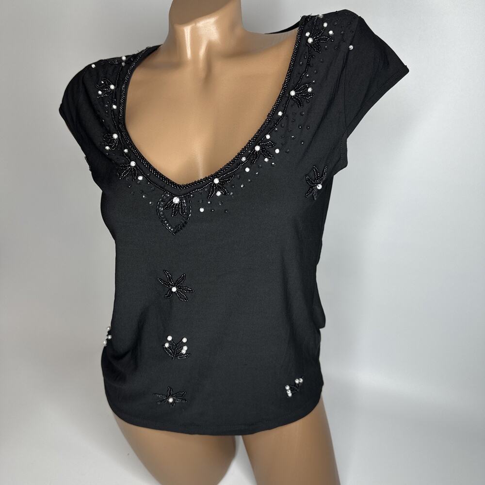 Y2K Whimsigoth Black Beaded Top Medium Vintage Pearl Embellished Fairycore Goth - Picture 12 of 12